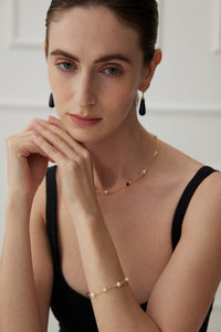 18K Gold Plated Sterling Silver Minimalist Bracelet with Pearls and Onyx