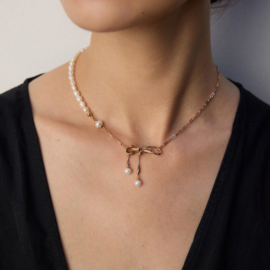 Natural Pearl Bow Pendant Necklace