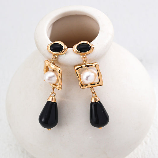 Sterling Silver Natural Pearl and Black Onyx Drop Earrings