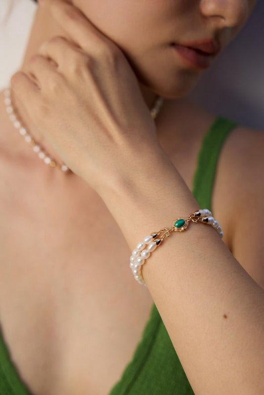 Sterling Silver Pearl and Malachite Bracelet