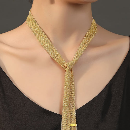 Gold Braided Tie Necklace in Sterling Silver