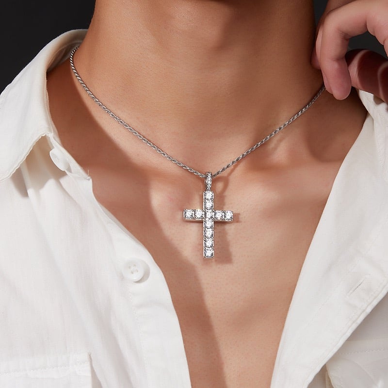 Moissanite Cross Pendant Necklace in Sterling Silver