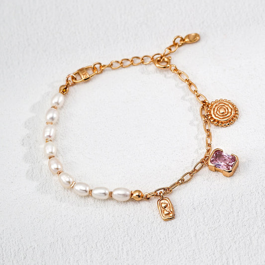 Sterling Silver 18K Gold Pearl Charm Bracelet