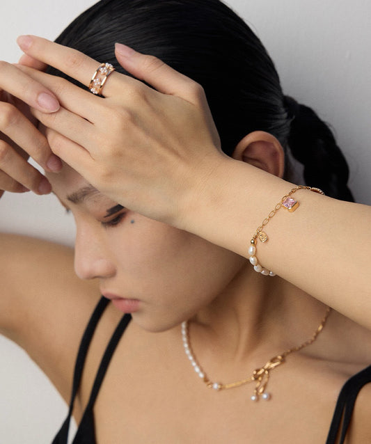 Sterling Silver 18K Gold Pearl Charm Bracelet