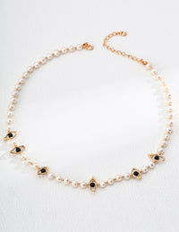 Sterling Silver Black Onyx & Natural Pearl Necklace