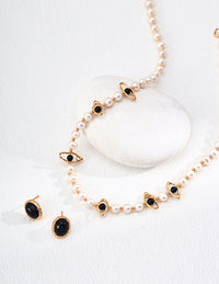 Sterling Silver Black Onyx & Natural Pearl Necklace