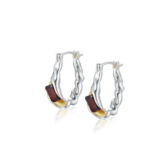 Textured Silver Hoop Earrings with Natural Garnet