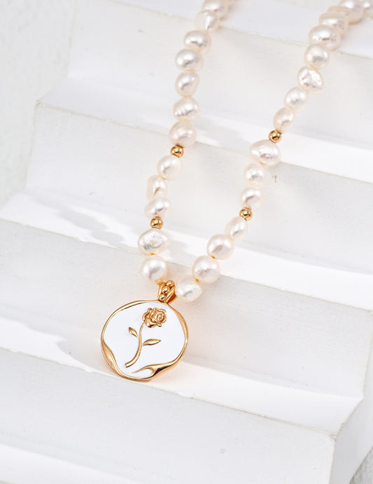 Natural Pearl & Enamel Rose Pendant Necklace