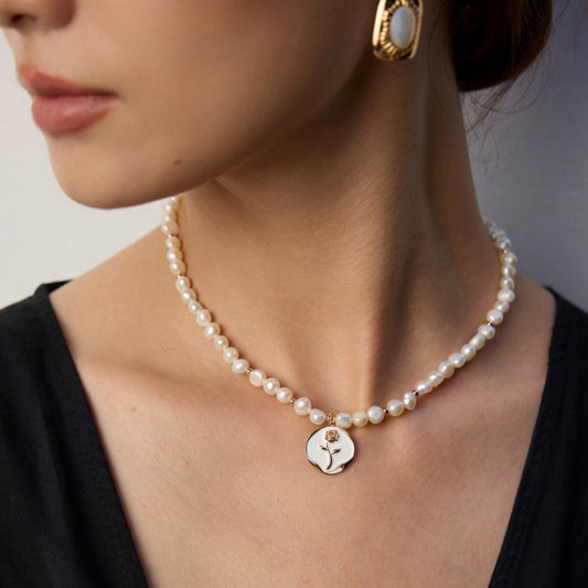 Natural Pearl & Enamel Rose Pendant Necklace