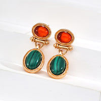 Gold Plated Vintage Malachite & Red Agate Earrings