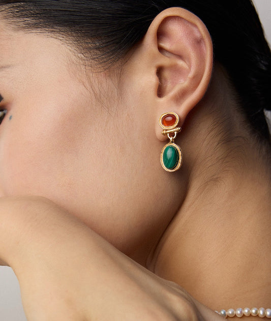 Gold Plated Vintage Malachite & Red Agate Earrings