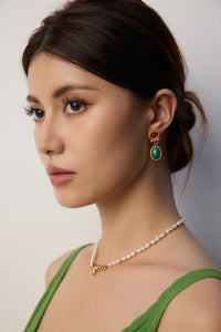 Gold Plated Vintage Malachite & Red Agate Earrings