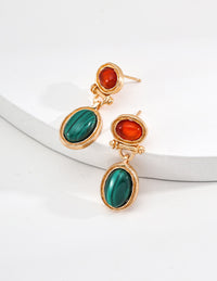 Gold Plated Vintage Malachite & Red Agate Earrings