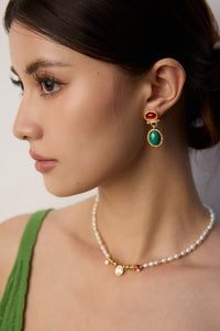 Gold Plated Vintage Malachite & Red Agate Earrings