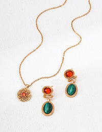 Gold Plated Vintage Malachite & Red Agate Earrings