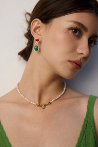 Gold Plated Vintage Malachite & Red Agate Earrings