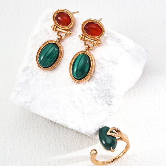 Gold Plated Vintage Malachite & Red Agate Earrings