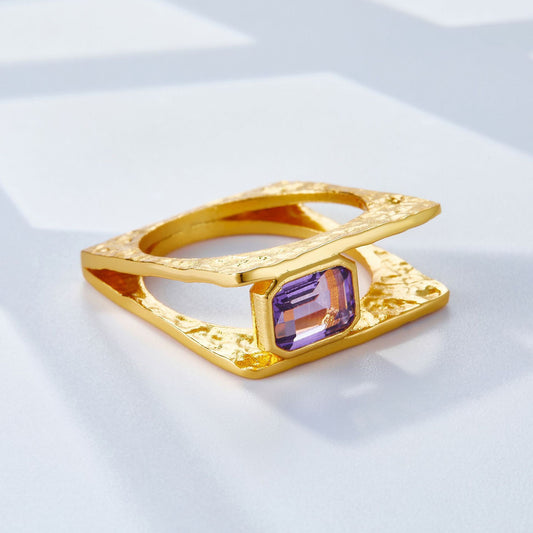 18K Gold Plated Natural Amethyst Square Ring