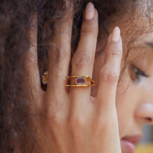 18K Gold Plated Natural Amethyst Square Ring