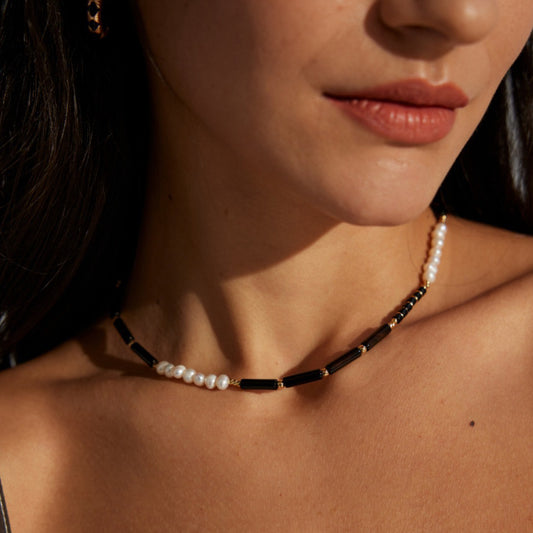 Sterling Silver Black and White Pearl Onyx Necklace