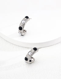 Sterling Silver Pearl & Black Onyx Accent Earrings