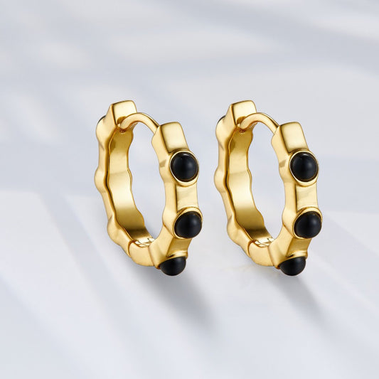 Black Onyx Beads Sterling Silver Hoop Earrings