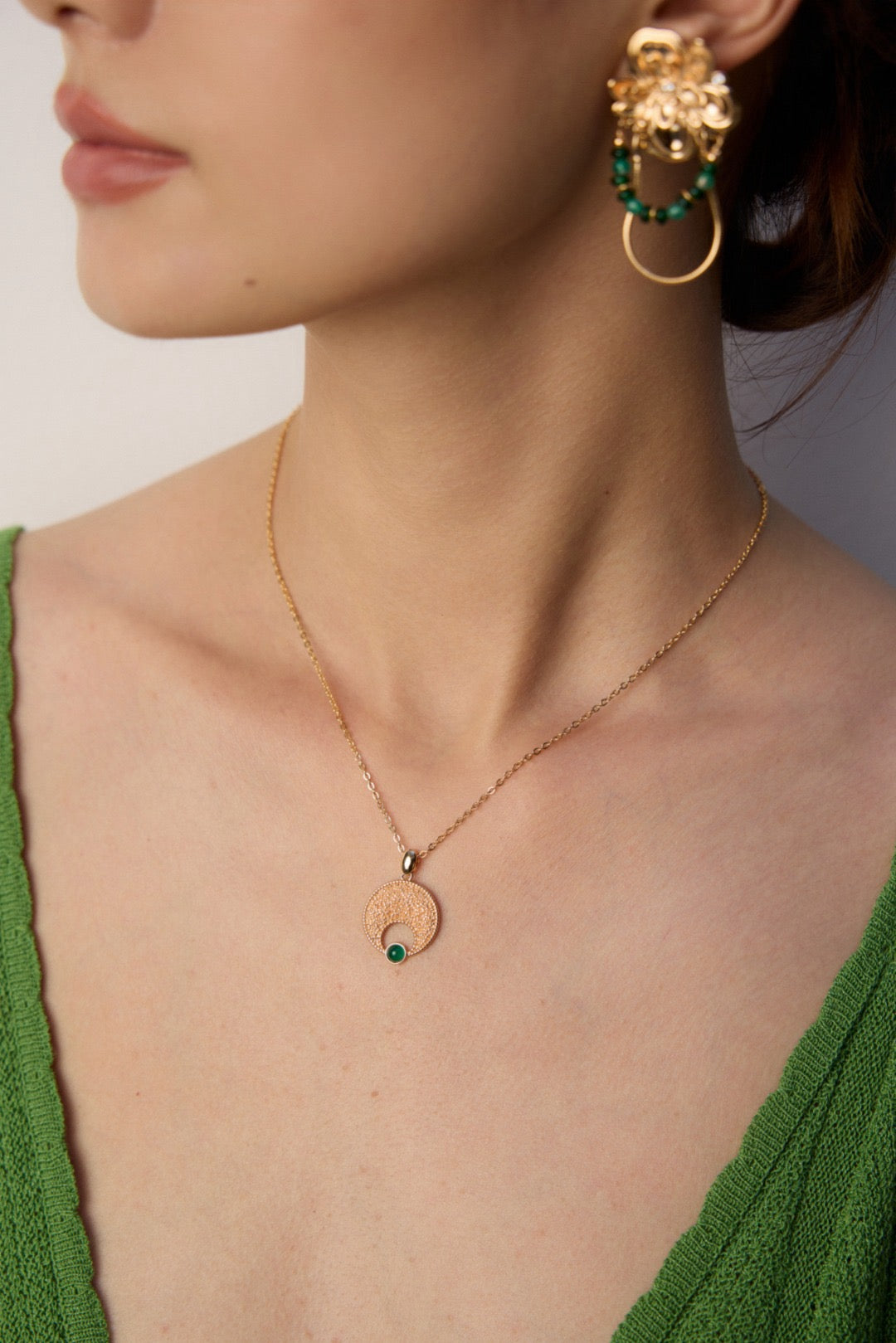 Green Chalcedony Moon Pendant Necklace