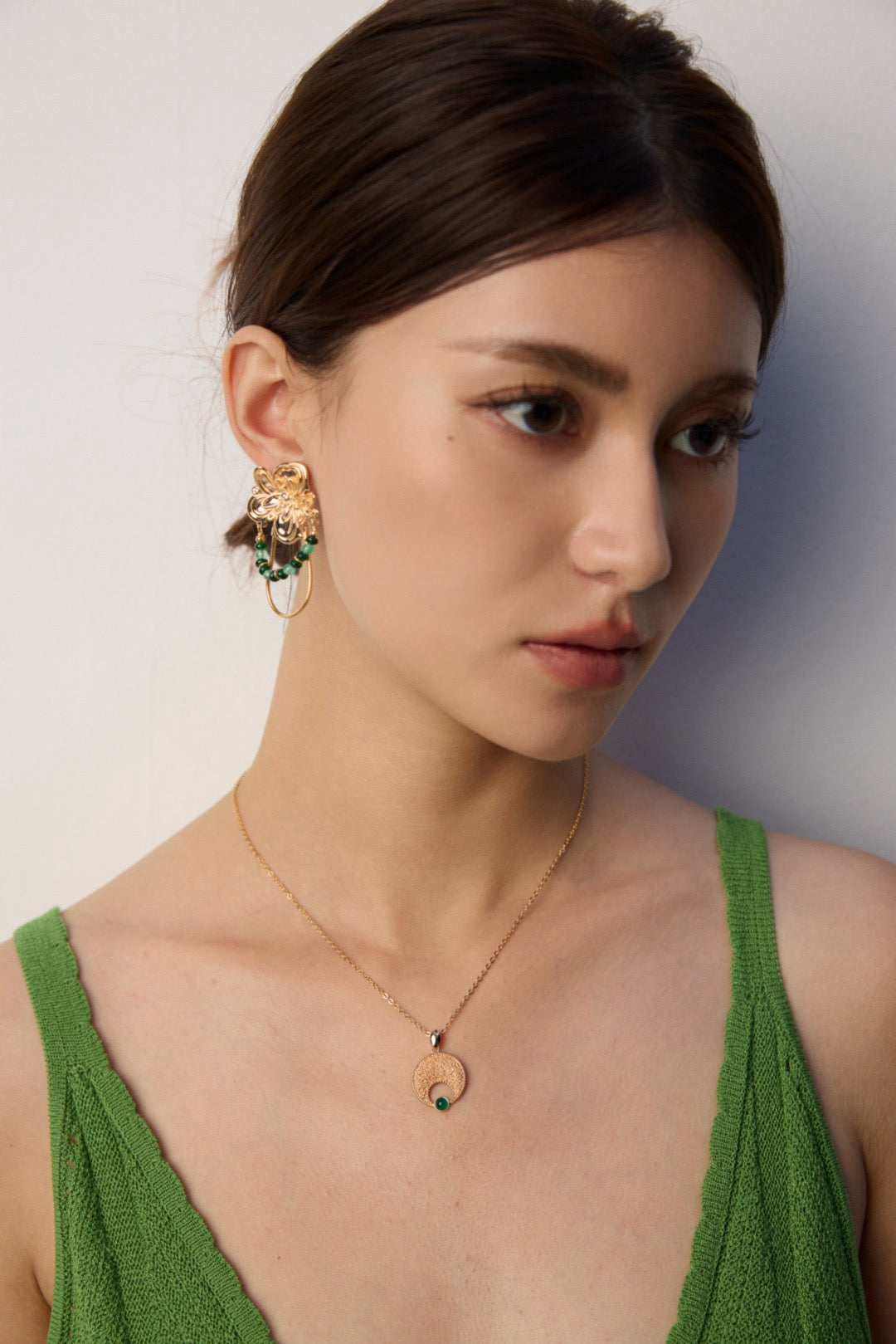 Green Chalcedony Moon Pendant Necklace