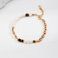 Gold Plated Pearl and Tiger Eye Link Bracelet