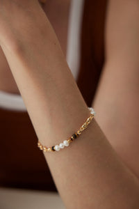 Gold Plated Pearl and Tiger Eye Link Bracelet