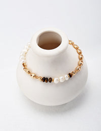 Gold Plated Pearl and Tiger Eye Link Bracelet