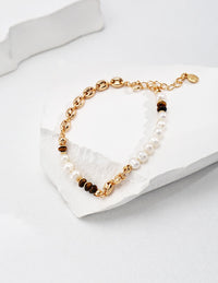 Gold Plated Pearl and Tiger Eye Link Bracelet