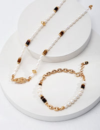 Gold Plated Pearl and Tiger Eye Link Bracelet