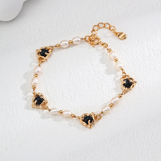Gold Plated Pearl & Onyx Bracelet