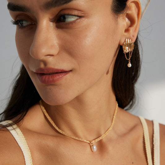 Gold Plated Geometric Freshwater Pearl Earrings