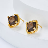Natural Smoky Quartz Square Stud Earrings