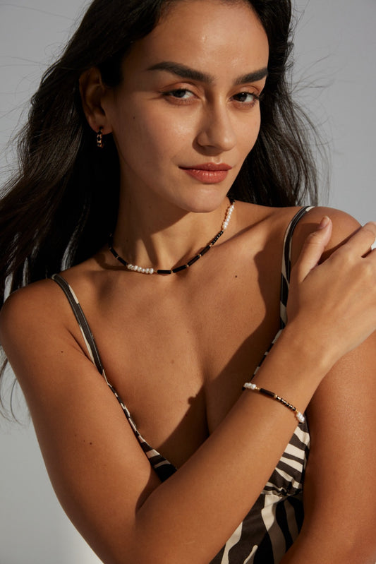 Sterling Silver Black and White Pearl Onyx Bracelet
