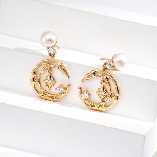 Stardust Crescent Pearl Earrings