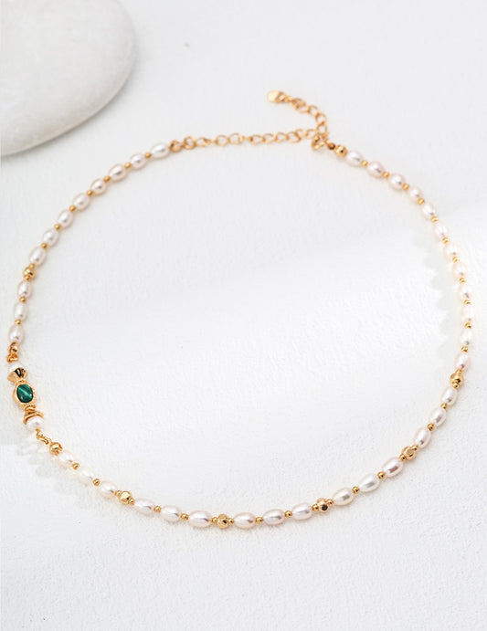 Sterling Silver Freshwater Pearl and Malachite Necklace