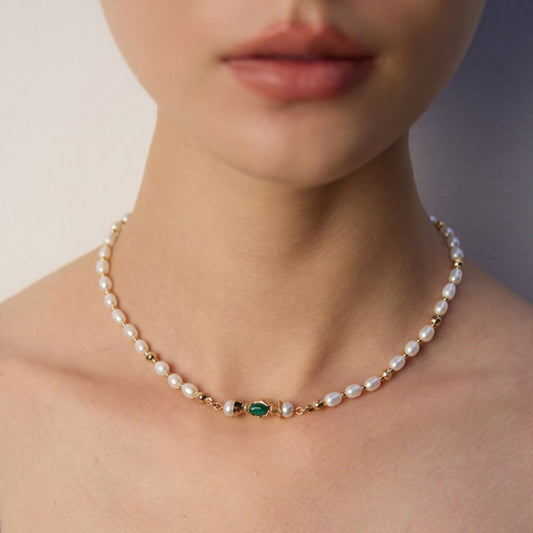 Sterling Silver Freshwater Pearl and Malachite Necklace