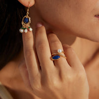 18K Gold Plated Lapis Lazuli and Freshwater Pearl Ring