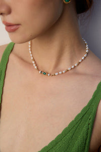 Sterling Silver Freshwater Pearl and Malachite Necklace