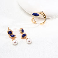 18K Gold Plated Lapis Lazuli and Freshwater Pearl Ring