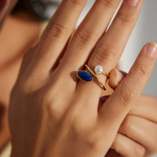 18K Gold Plated Lapis Lazuli and Freshwater Pearl Ring