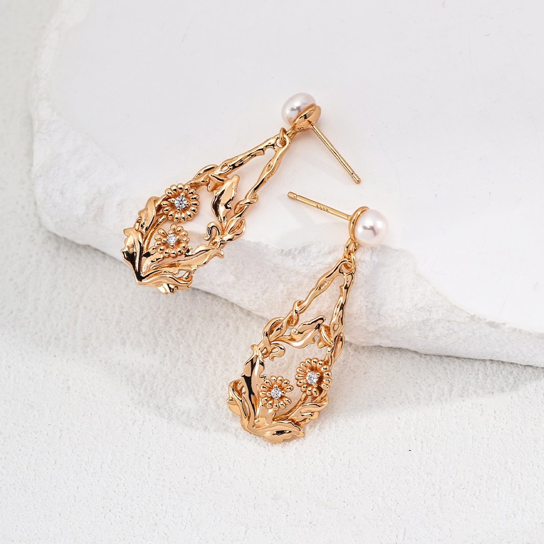 Freshwater Pearl and Flower Drop Earrings