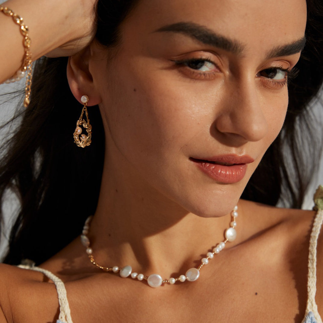 Freshwater Pearl and Flower Drop Earrings