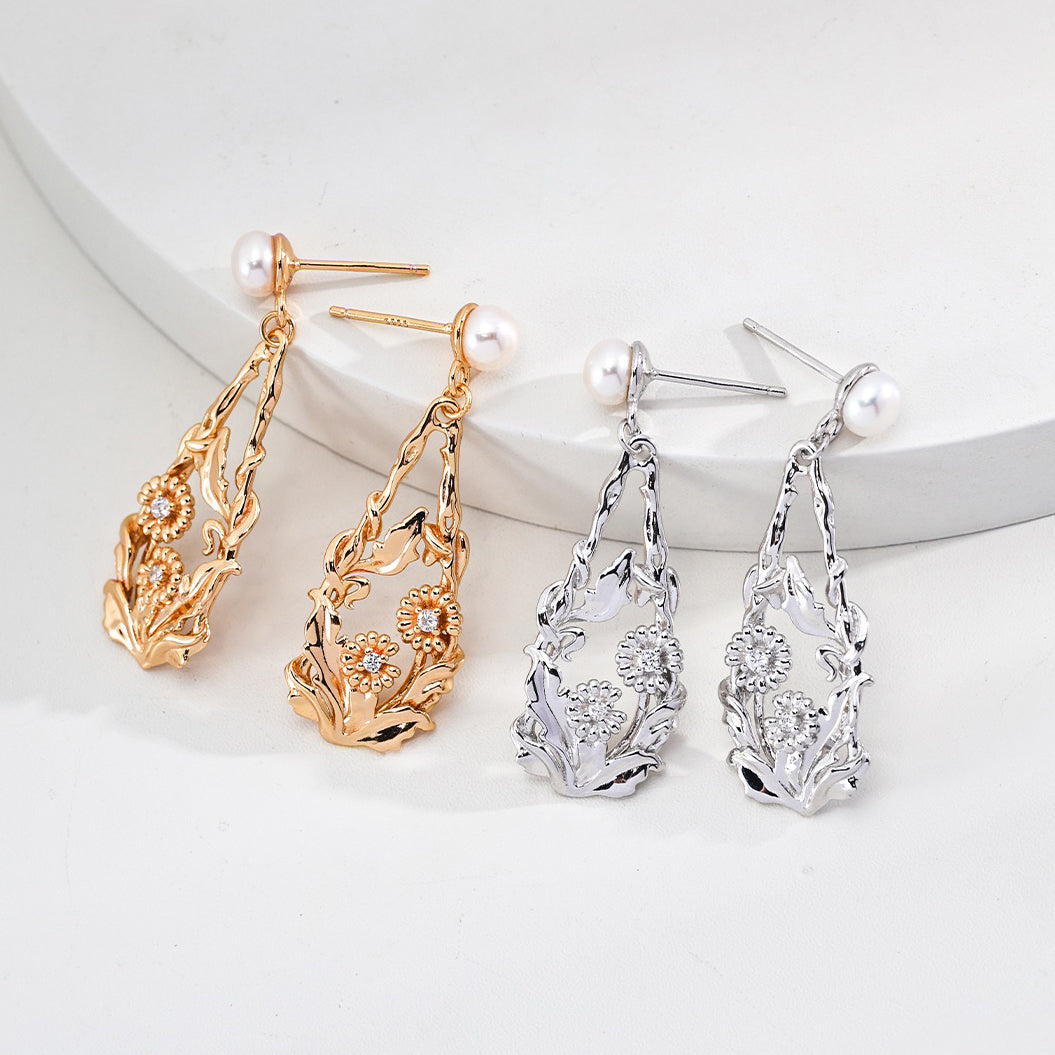 Freshwater Pearl and Flower Drop Earrings