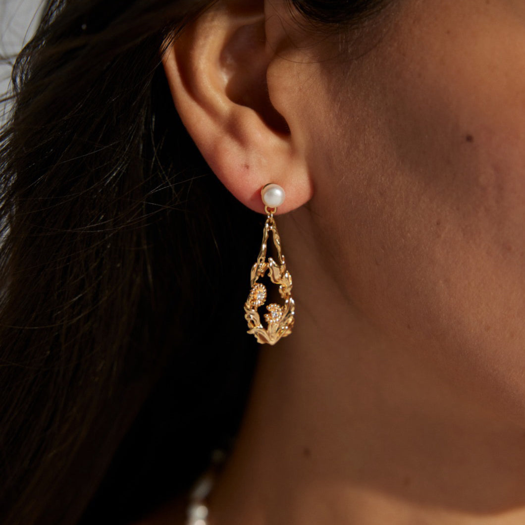 Freshwater Pearl and Flower Drop Earrings