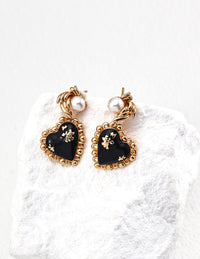 Sterling Silver Black Agate Heart Pearl Earrings