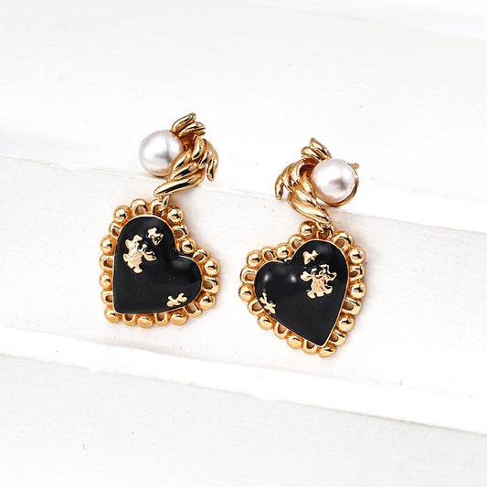 Sterling Silver Black Agate Heart Pearl Earrings